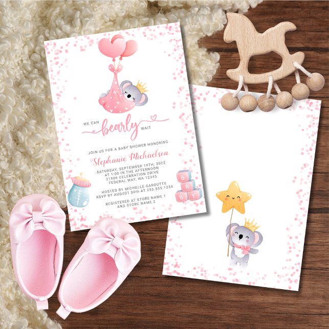Invitation Fille Koala Oear Nous pouvons Bearly Wait Baby sho (Girl Koala Bear We Can Bearly Wait Baby Shower Invitation)