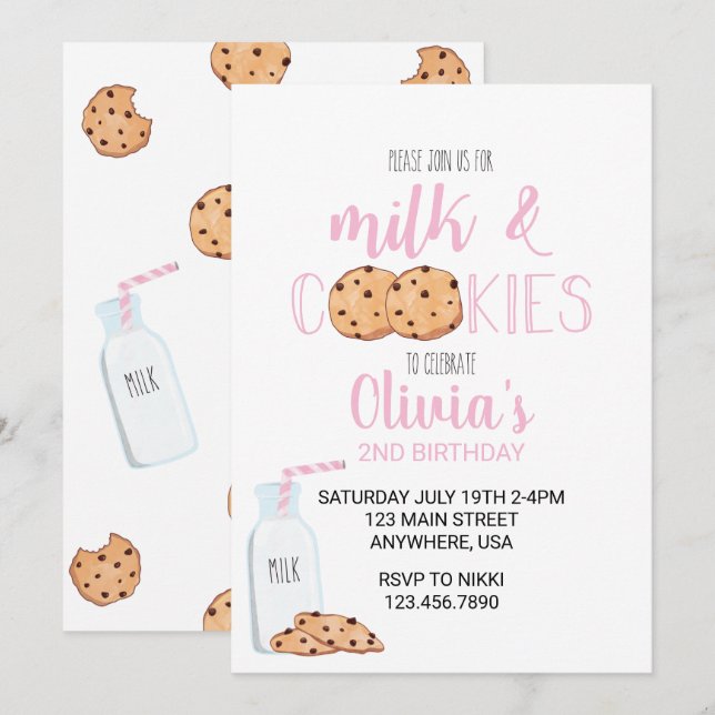 Invitation Fille Lait et cookies Anniversaire rose (Devant / Derrière)
