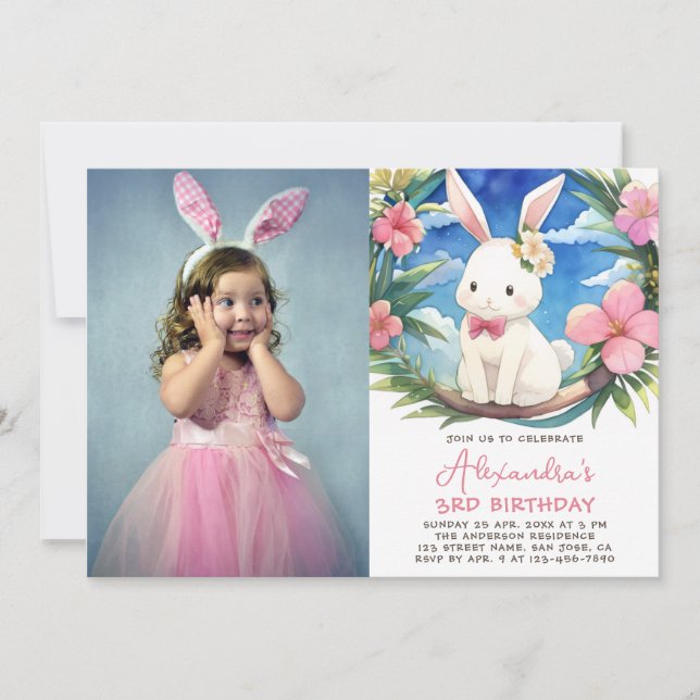 Invitation Fille Lapin Anniversaire Photo Jolie Fleurs roses  (Devant)