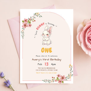 Invitation Fille Lapin de Gingham Rose Floral 1er Anniversair
