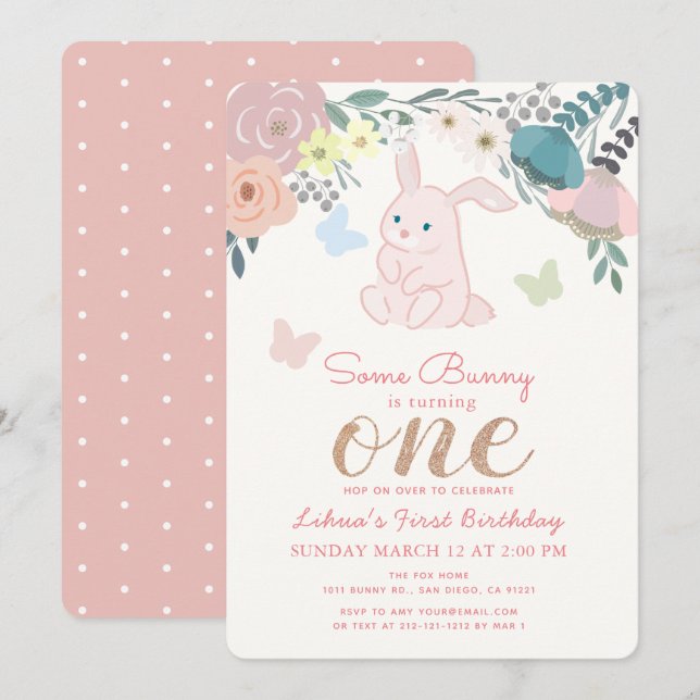 Invitation Fille lapin floral rose pour 1er anniversaire (Devant / Derrière)