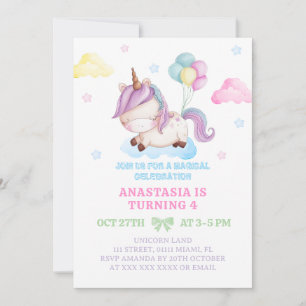 Invitation Fille Licorne 4e Anniversaire Fête Magique