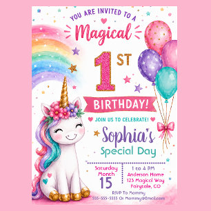 Invitation Fille Licorne Magique 1er Anniversaire