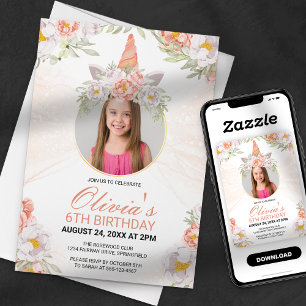 Invitation Fille Licorne Magique Photo Floral Anniversaire 
