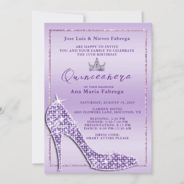 Invitation Fille Lilac Stiletto Quinceañera (Devant)