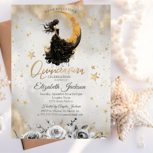 Invitation Fille Lunaire Céleste Fleurs Étoiles Quinceañera