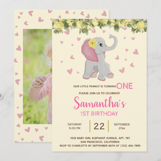 Invitation Fille mignonne Aquarelle Eléphant Floral 1er Anniv (Devant / Derrière)
