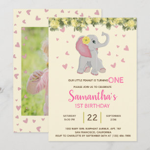 Invitation Fille mignonne Aquarelle Eléphant Floral 1er Anniv