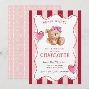 Invitation Fille mignonne Aquarelle rose ours bébé 1er annive