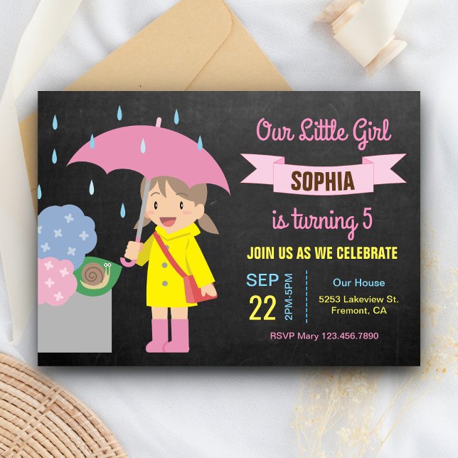 Invitation Fille mignonne avec parapluie | Rainy Birthday Par (Créateur téléchargé)