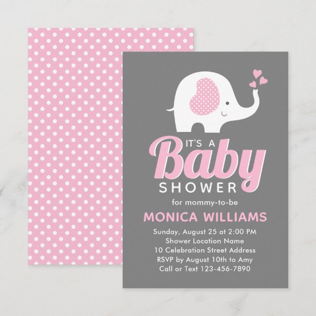 Invitation Fille mignonne Baby shower d'éléphant gris rose (Devant / Derrière)