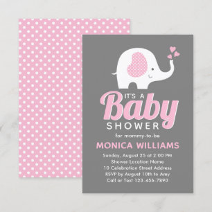 Invitation Fille mignonne Baby shower d'éléphant gris rose