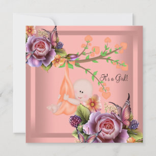 Invitation Fille mignonne Baby Shower Fille Corail pêche