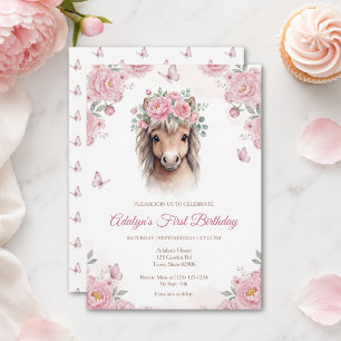 Invitation Fille Mignonne Cheval Floral Rose Premier Annivers
