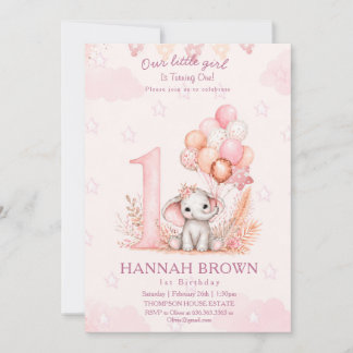 Invitation Fille mignonne éléphant rose 1er anniversaire flor