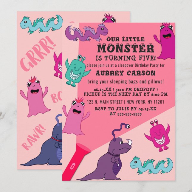 Invitation Fille mignonne Monster lampe de poche Slepover Ann (Devant / Derrière)