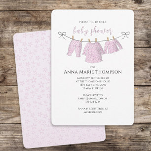 Invitation Fille mignonne rose bébé Clothesline Baby shower d