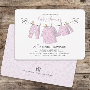 Invitation Fille mignonne rose bébé Clothesline Baby shower d