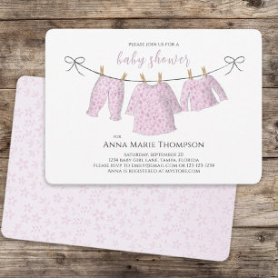 Invitation Fille mignonne rose bébé Clothesline Baby shower d
