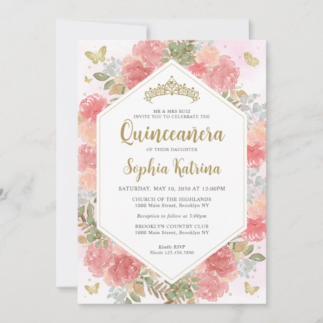 Invitation Fille moderne Blush rose Floral or Quinceañera (Devant)