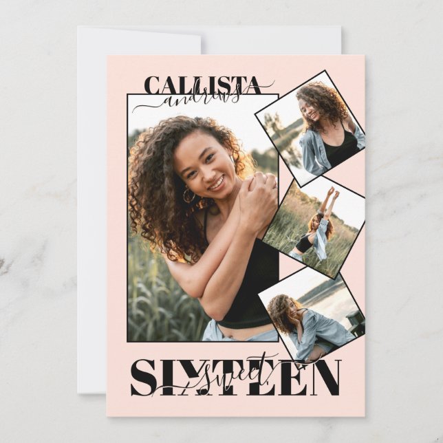 Invitation Fille moderne Blush Rose Noir Quatre Photo Sweet 1 (Devant)