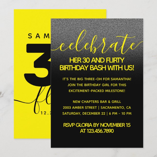Invitation Fille moderne brillant Jaune 30 et Flirty Annivers (Devant / Derrière)