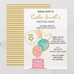 Invitation Fille moderne Gold Balloons Anniversaire de enfant