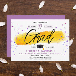 Invitation Fille moderne rose étoiles Jaune Aquarelle graduée