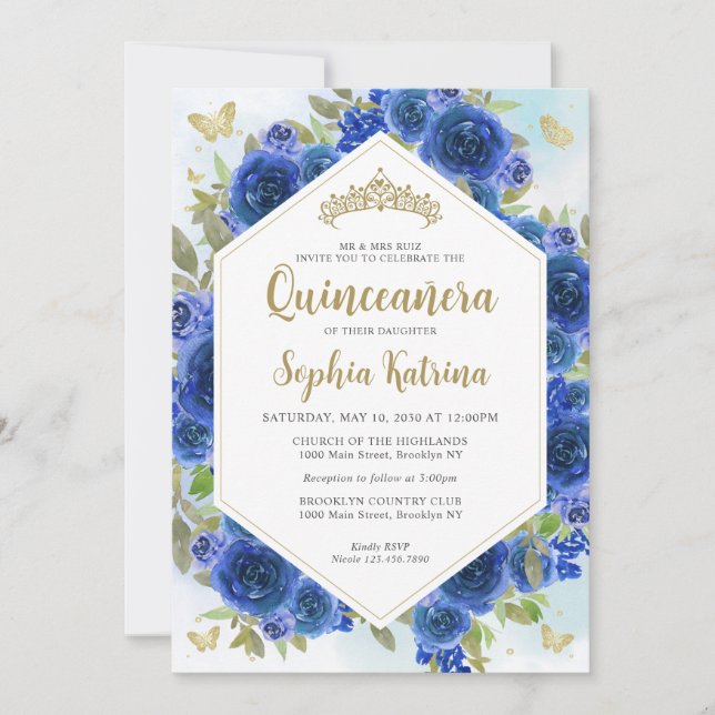 Invitation Fille moderne Royal bleu Floral or Quinceañera (Devant)