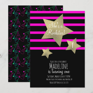 Invitation Fille néon Rockstar Guitare Étoile Fausse Or Anniv