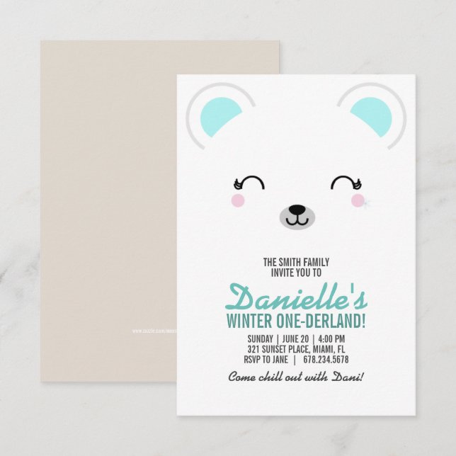 Invitation fille N'IMPORTE QUEL ÂGE hiver POLAIRE OURS fête d (Devant / Derrière)