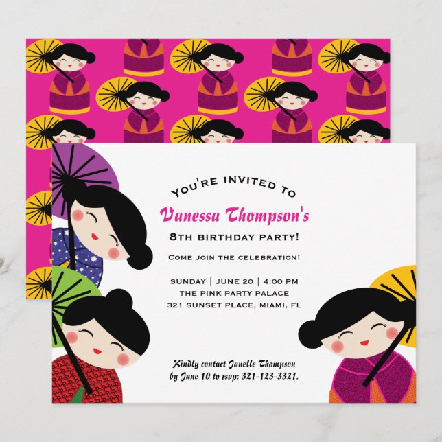 Invitation fille N'IMPORTE QUEL ÂGE mignon KOKESHI DOLL fête  (Devant / Derrière)