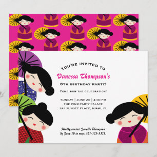 Invitation fille N'IMPORTE QUEL ÂGE mignon KOKESHI DOLL fête 