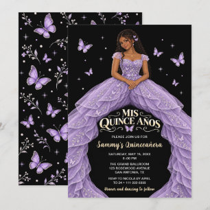 Invitation Fille Noire Papillon Lavande Quinceañera