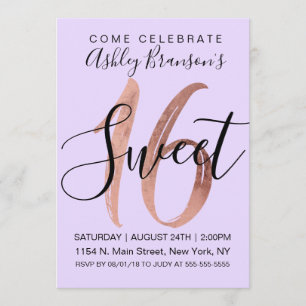 Invitation Fille noire violette Rose Gold Foil Sweet 16