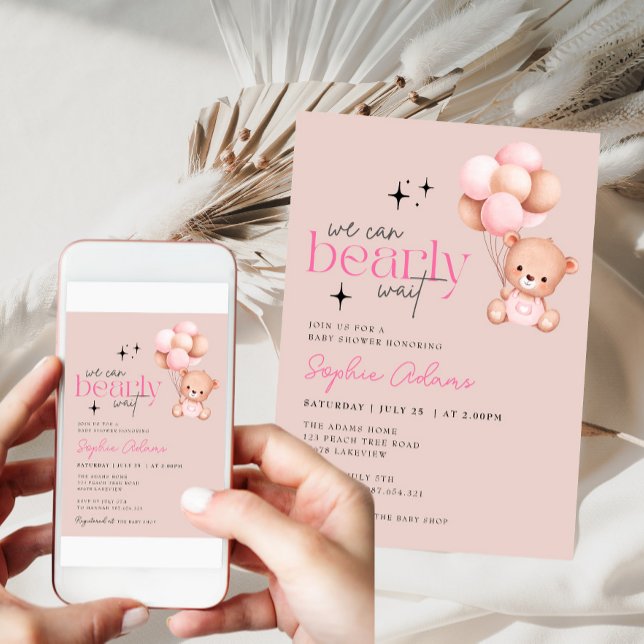 Invitation Fille On Peut Attendre Teddy Baby shower Ours (Créateur téléchargé)