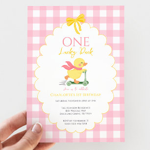 Invitation Fille One Lucky Duck Gingham rose 1er anniversaire