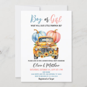 Invitation Fille ou garçon Citrouille Camion Reveal Genre