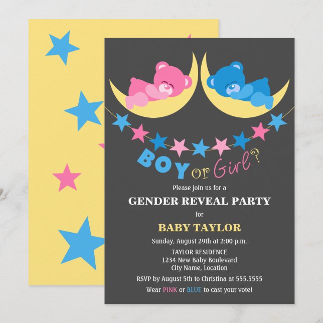 Invitation Fille Ou Garçon Nounours Fête De Révélation De Sex (Devant / Derrière)