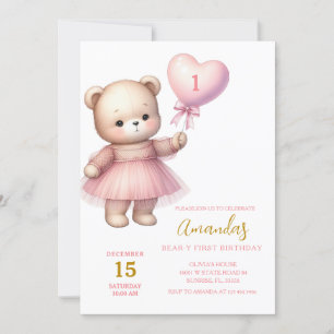 Invitation Fille Ours Coeur Ballons rose Premier anniversaire
