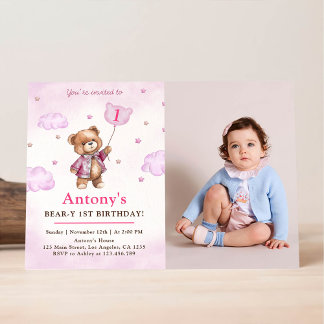 Invitation Fille ours en peluche rose ballons premier anniver