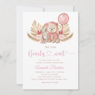 Invitation Fille Ourson Bohème Rose À peine attendre Baby Sho