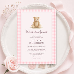 Invitation Fille Ourson en Vichy Rose Baby Shower