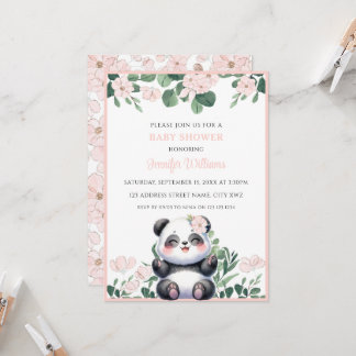 Invitation Fille Panda Mignonne Verdure Fleur Rose Baby Showe