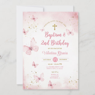 Invitation Fille papillon rose 2e croix de baptême d'annivers