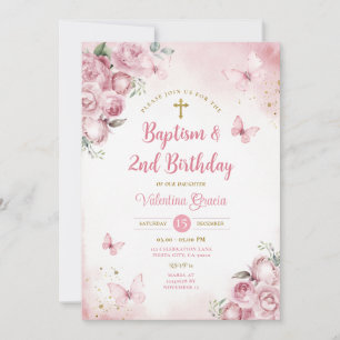 Invitation Fille papillon rose 2e Fleurs de baptême d'anniver