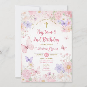 Invitation Fille Papillon Rose Blush 2ème Anniversaire Baptêm