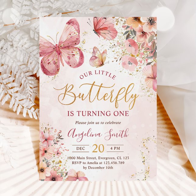 Invitation Fille papillon rose floral 1er anniversaire fête (Créateur téléchargé)