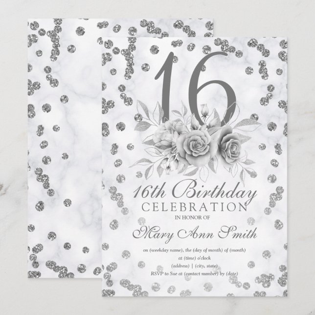 Invitation Fille Parties scintillant marbre argent Floral Swe (Devant / Derrière)