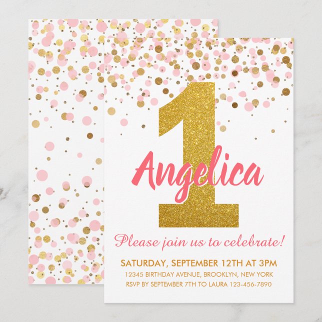 Invitation Fille Parties scintillant or rose Confetti premier (Devant / Derrière)